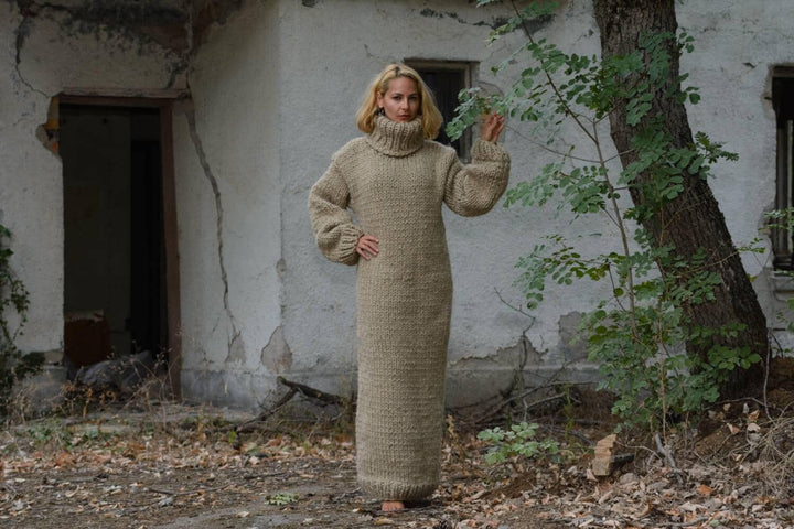 Eco Wool Sweater Dress, Hand Knitted Beige Chunky Turtleneck Maxi Dress