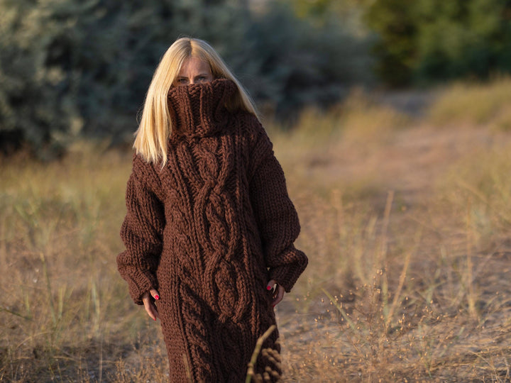 5 Strands Brown Wool Sweater Dress, Hand Knitted Chunky Turtleneck Maxi Dress T1238