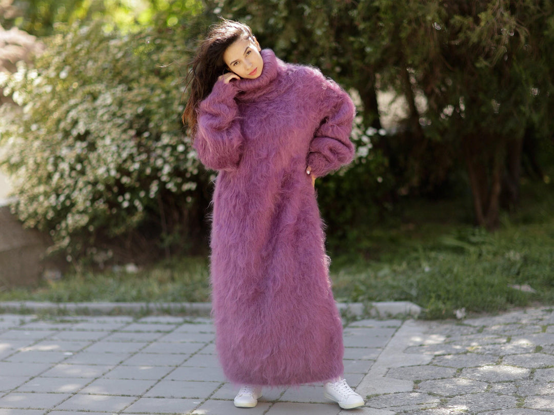 Hand Knit Mohair Turtleneck Maxi Dress, Fluffy Pink Sweater Dress T1057