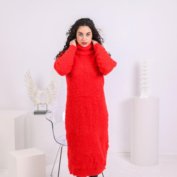 Hand Knit Red Alpaca Sweater Dress, Fluffy Wool Blend T1638