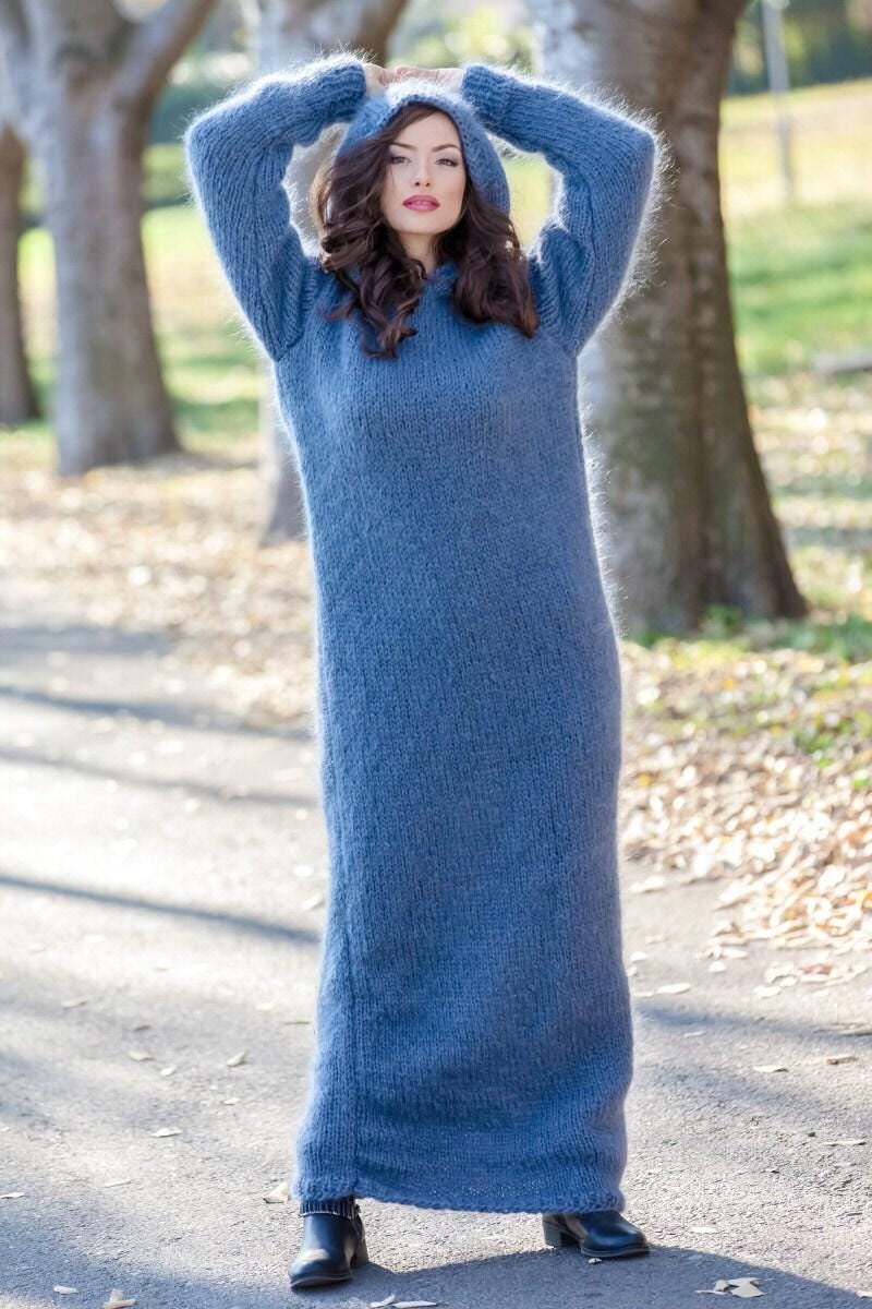 Gray Mohair Sweater Dress, Hand Knitted Chunky Hooded Turtleneck Maxi Dress T390