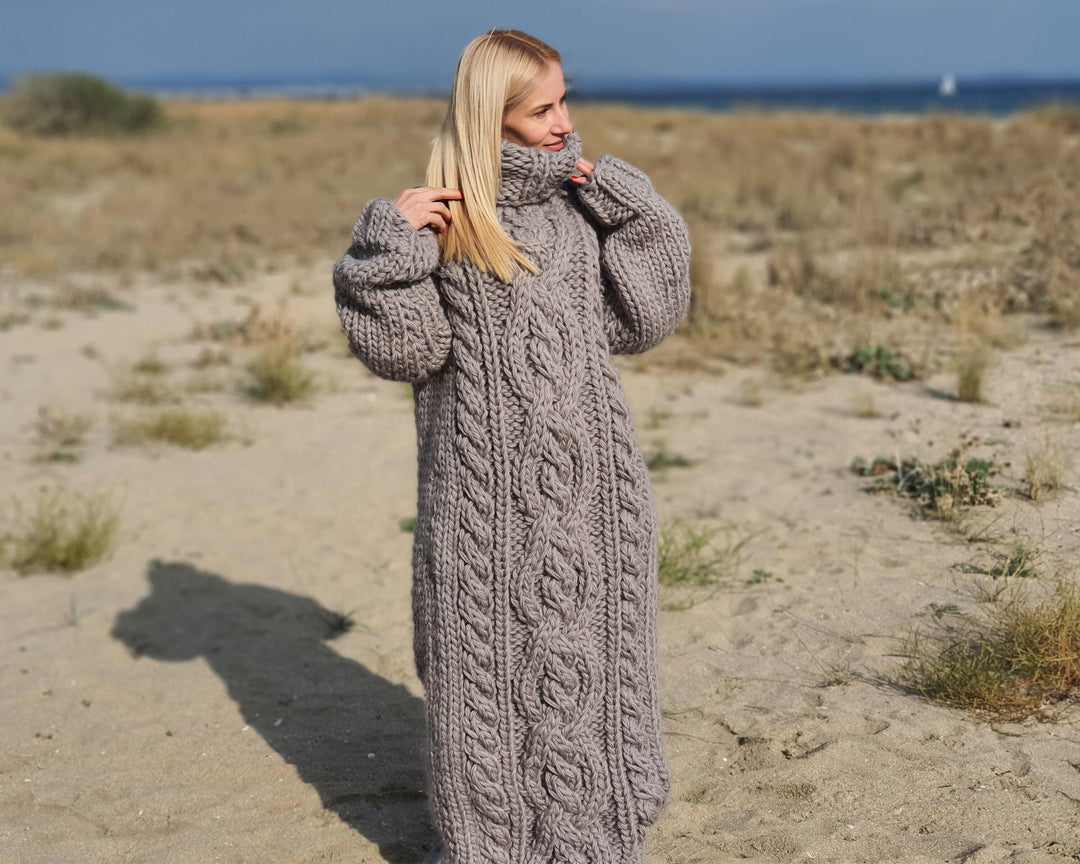 Tiffy Mohair Gray Soft Wool Turtleneck Maxi Dress T911