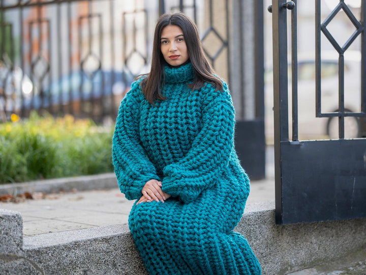Extra Chunky Wool Sweater Dress, Hand Knitted English Rib Turtleneck Maxi Dress T1168
