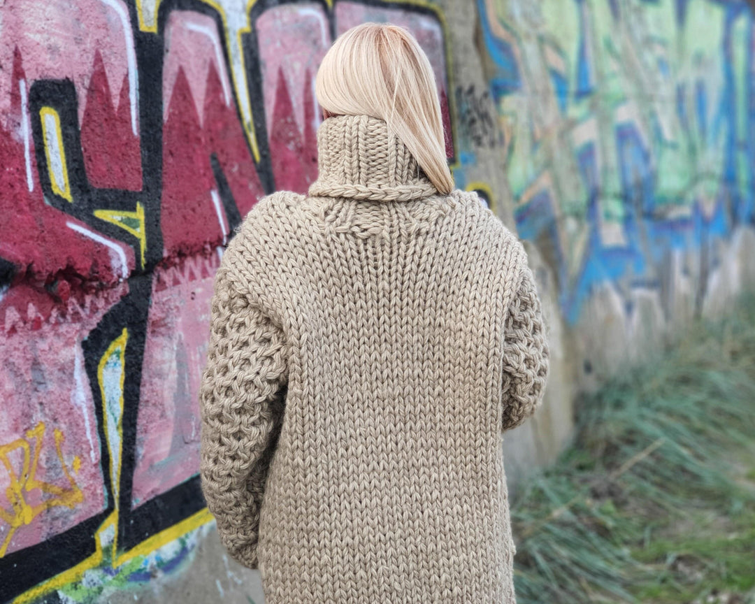 5 Strands Eco Wool Sweater Dress, Hand Knitted Chunky Turtleneck Maxi Dress T912