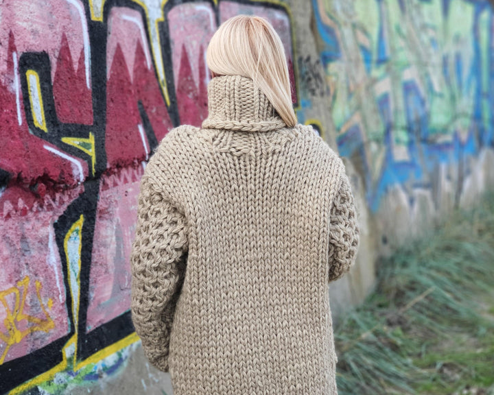 5 Strands Eco Wool Sweater Dress, Hand Knitted Chunky Turtleneck Maxi Dress T912