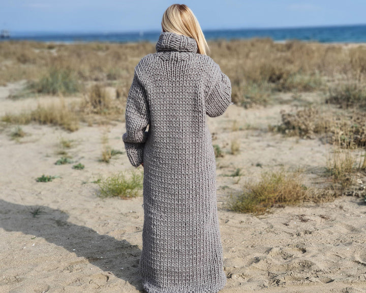 5 Strands Gray Wool Sweater Dress, Hand Knitted Chunky Turtleneck Maxi Dress T911