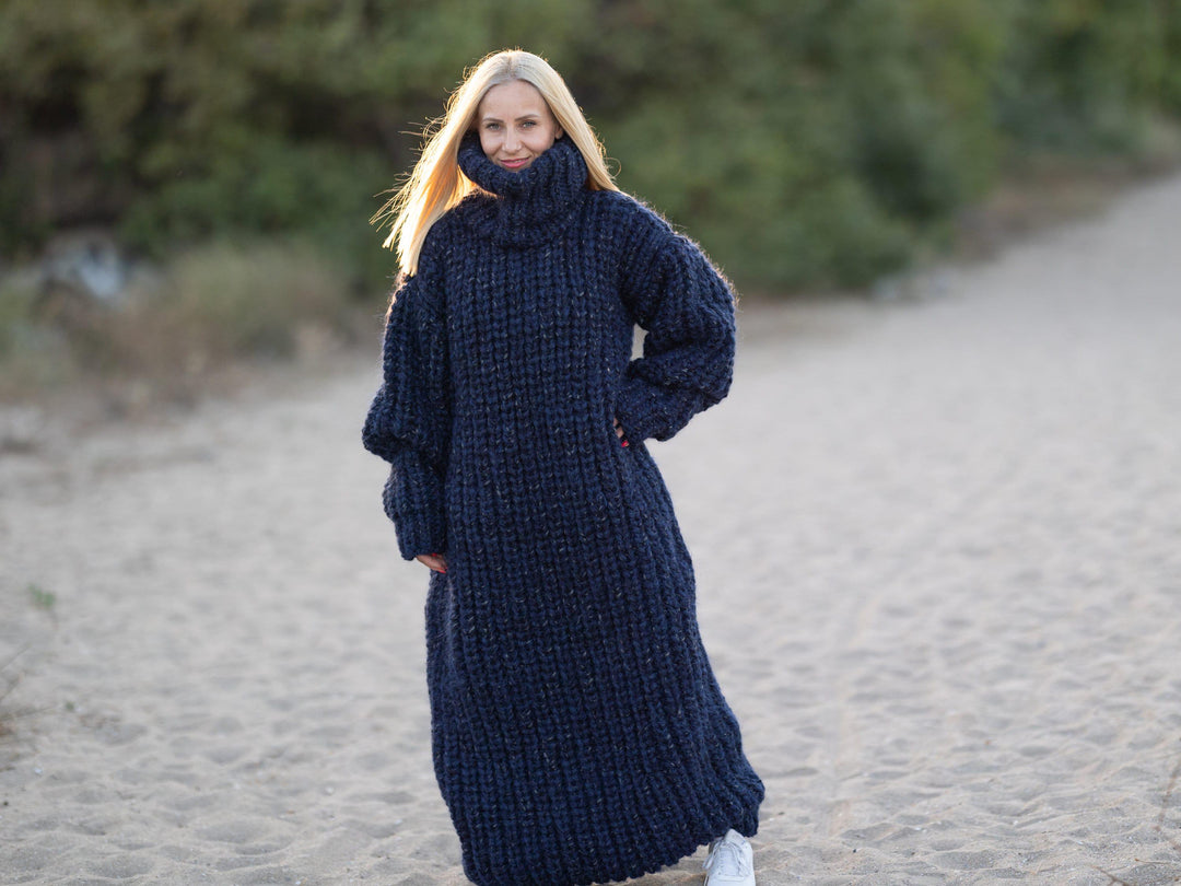 6 Strands Mixed Yarns Sweater Dress, Hand Knitted Chunky Long Dress T1248