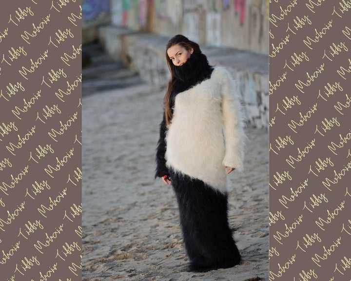 Cozy Mohair Sweater Dress, Hand Knitted Chunky Turtleneck Maxi Dress T145