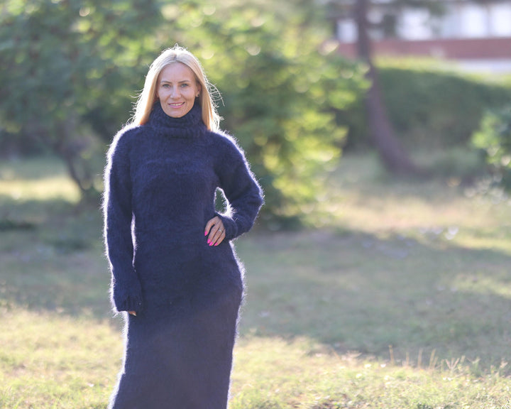 Hairy Suri Alpaca Dress, Hand Knitted Blue Maxi Turtleneck Sweater Dress T1471