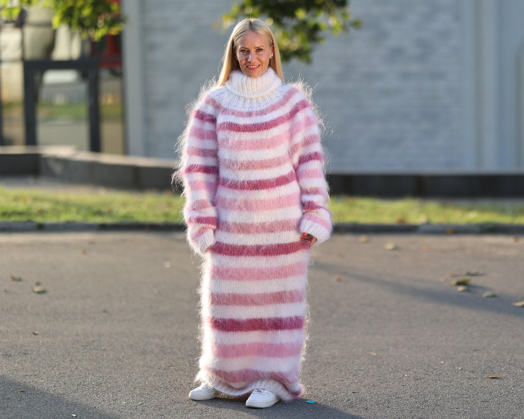 Rainbow Mohair Sweater Dress, Hand Knitted Fluffy Turtleneck Maxi Dress T1452