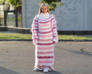 Robe Pull Longue Mohair Arc-en-ciel, Robe Maxi Col Roulé Doux Tricotée Main T1452