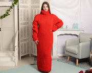 Rotes Wollstrickkleid, handgestricktes klobiges Rollkragen-Maxikleid T783