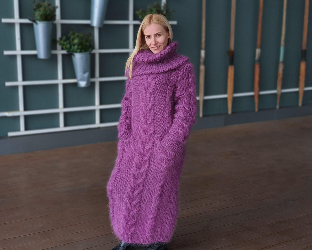 Purple Mohair Sweater Dress, Hand Knitted Cable Knit Turtleneck Maxi Dress T943
