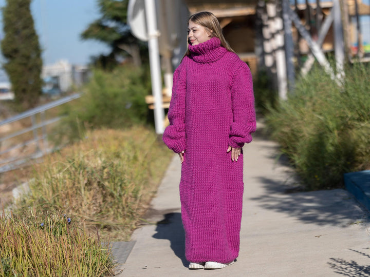 Pink Wool Knit Maxi Dress, Turtleneck Sweater Dress T1264