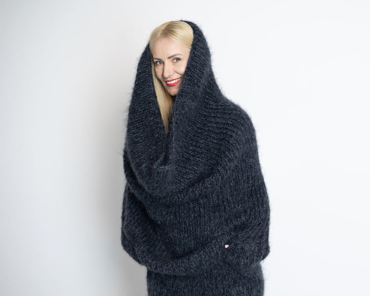 Long Mohair Poncho Dress, Hand Knitted  Extra Long Turtleneck Scarf T1511