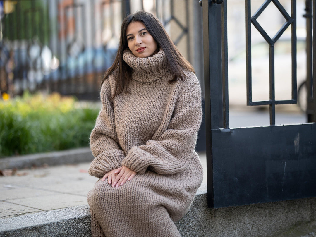 Beige Wool Knit Turtleneck Maxi Sweater Dress T1167