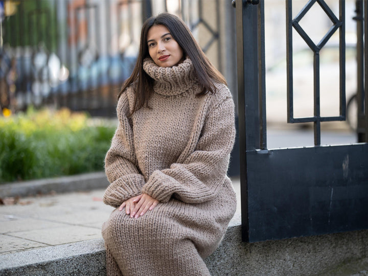 Beige Wool Knit Turtleneck Maxi Sweater Dress T1167