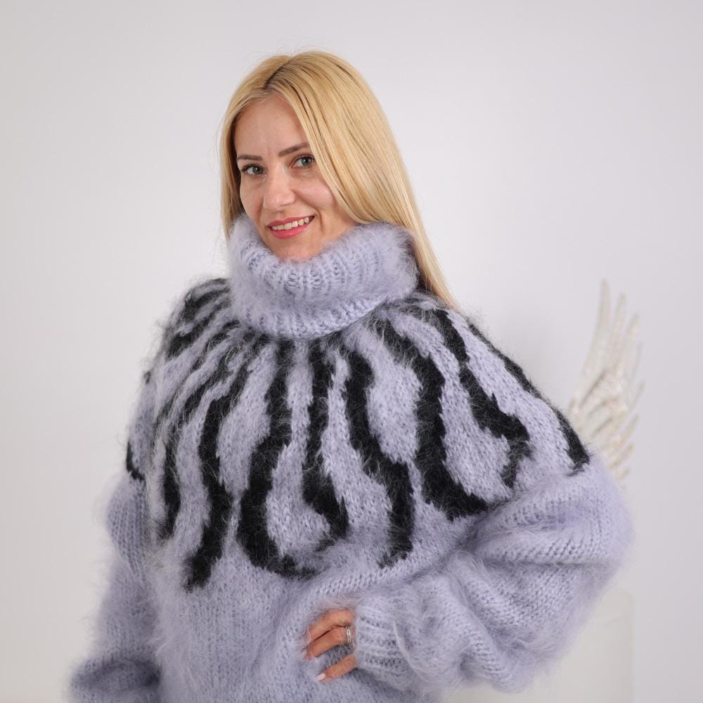 Long Icelandic Mohair Dress, Hand Knitted Fuzzy Lopi Nordic Sweater Gown T1927