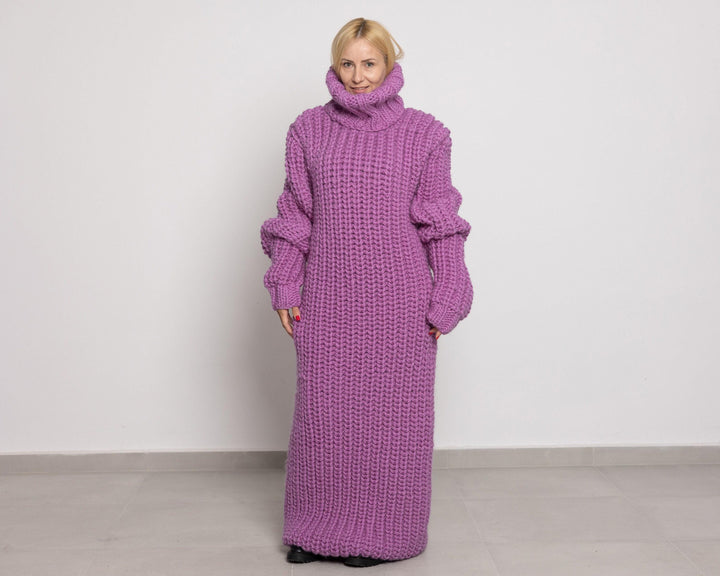 English Rib Pink Wool Sweater Dress, Hand Knitted Turtleneck Maxi Dress T1520