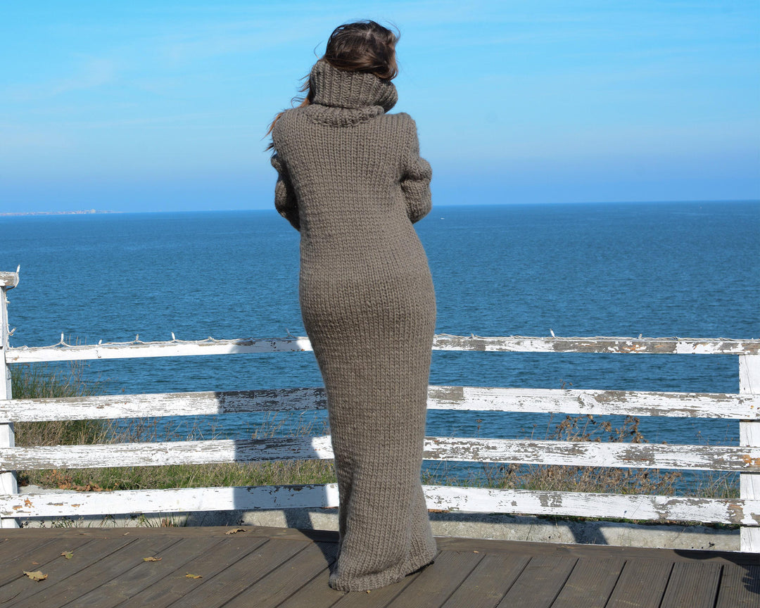 Beige Wool Sweater Dress, Hand Knitted Chunky Turtleneck Maxi Dress T666