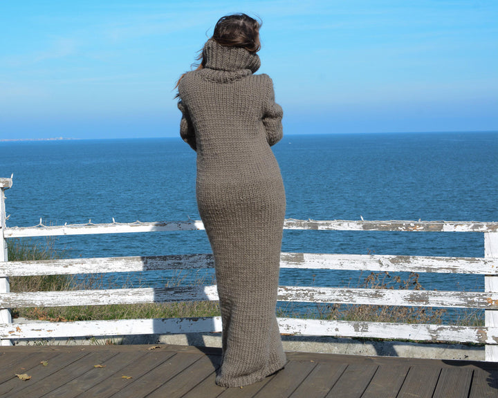 Beige Wool Sweater Dress, Hand Knitted Chunky Turtleneck Maxi Dress T666