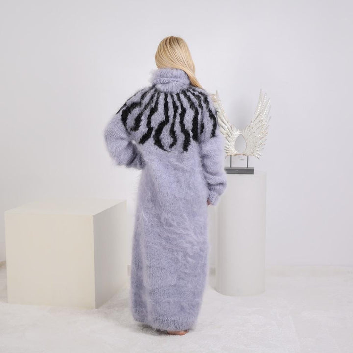 Long Icelandic Mohair Dress, Hand Knitted Fuzzy Lopi Nordic Sweater Gown T1927