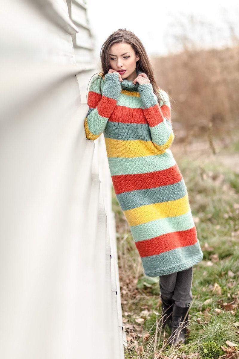 Hand Knitted Chunky Wool Sweater Dress, Striped Turtleneck T420