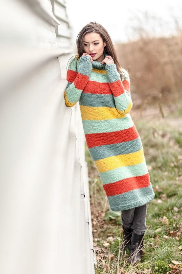 Hand Knitted Chunky Wool Sweater Dress, Striped Turtleneck T420