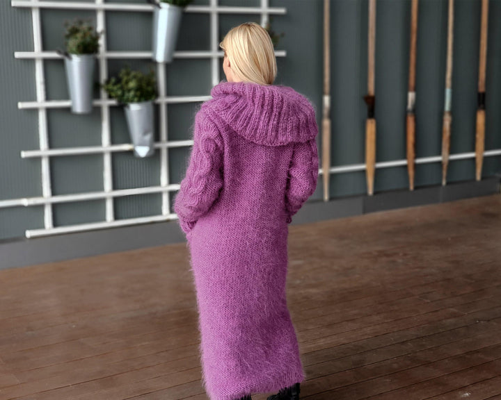 Purple Mohair Sweater Dress, Hand Knitted Cable Knit Turtleneck Maxi Dress T943