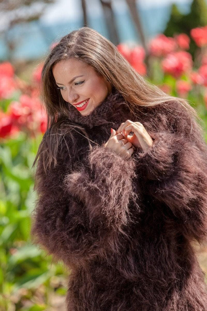 Brown Mohair Sweater Dress, Hand Knitted Chunky Fluffy Turtleneck Maxi Dress T371