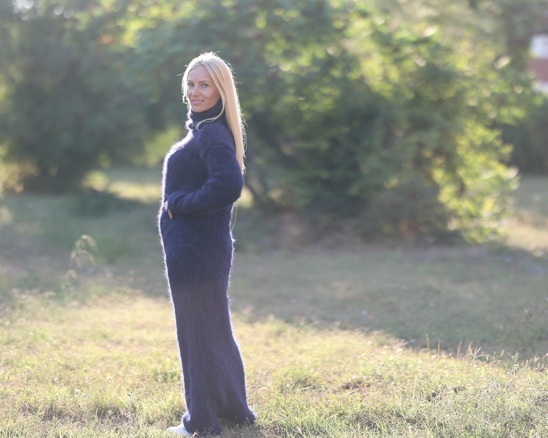 Hairy Suri Alpaca Dress, Hand Knitted Blue Maxi Turtleneck Sweater Dress T1471