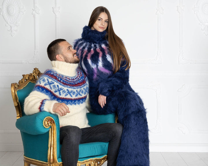 Blue Icelandic Mohair Dress, Hand Knitted Chunky Lopi Turtleneck Sweater Dress T652