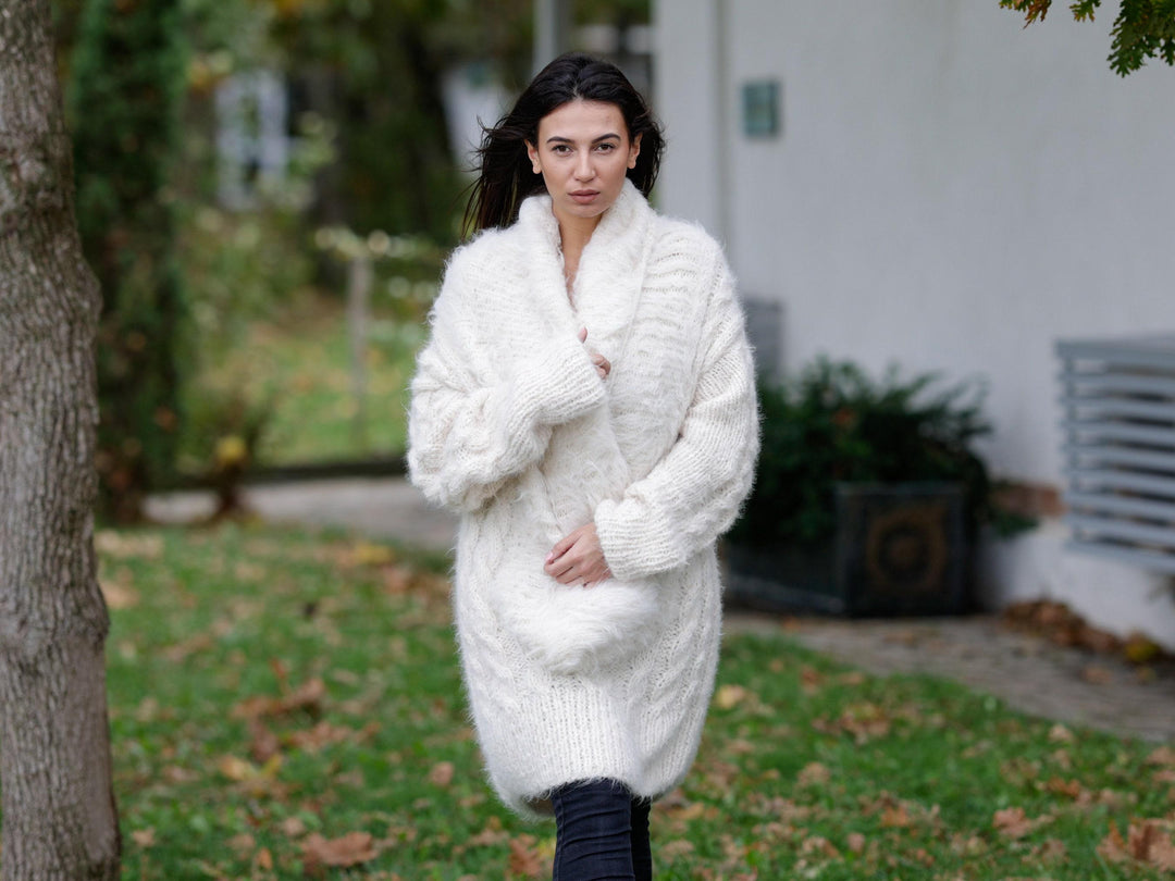 Hairy Suri Alpaca Sweater Dress, Hand Knitted Long Fuzzy Llama Wool Jumper T1140
