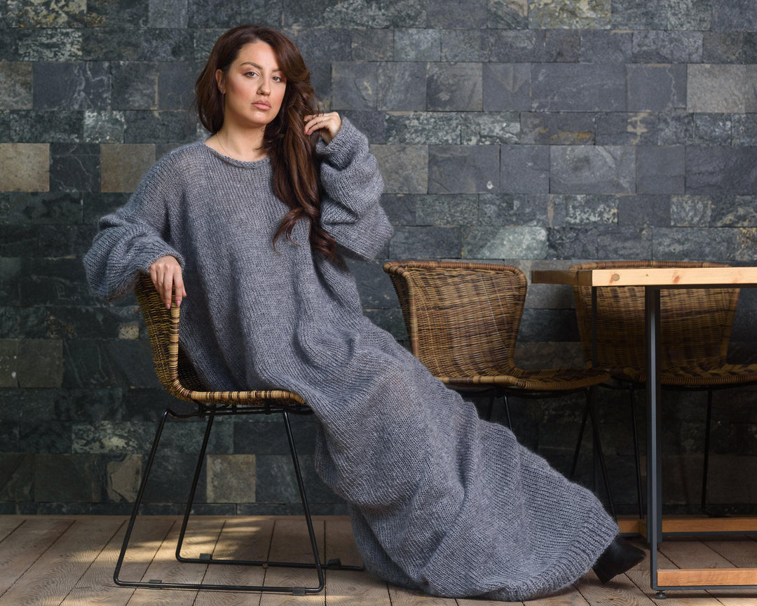 Gray Mohair Sweater Dress, Hand Knitted Hairy Maxi Dress with Big Stitches T848