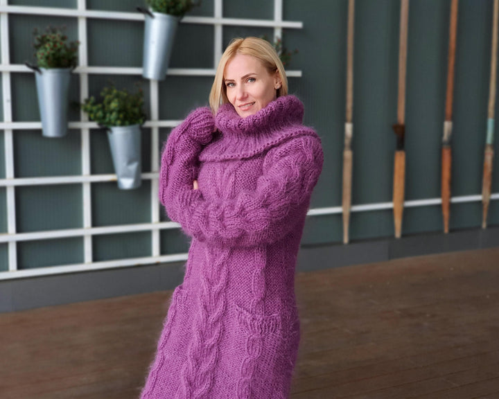 Purple Mohair Sweater Dress, Hand Knitted Cable Knit Turtleneck Maxi Dress T943