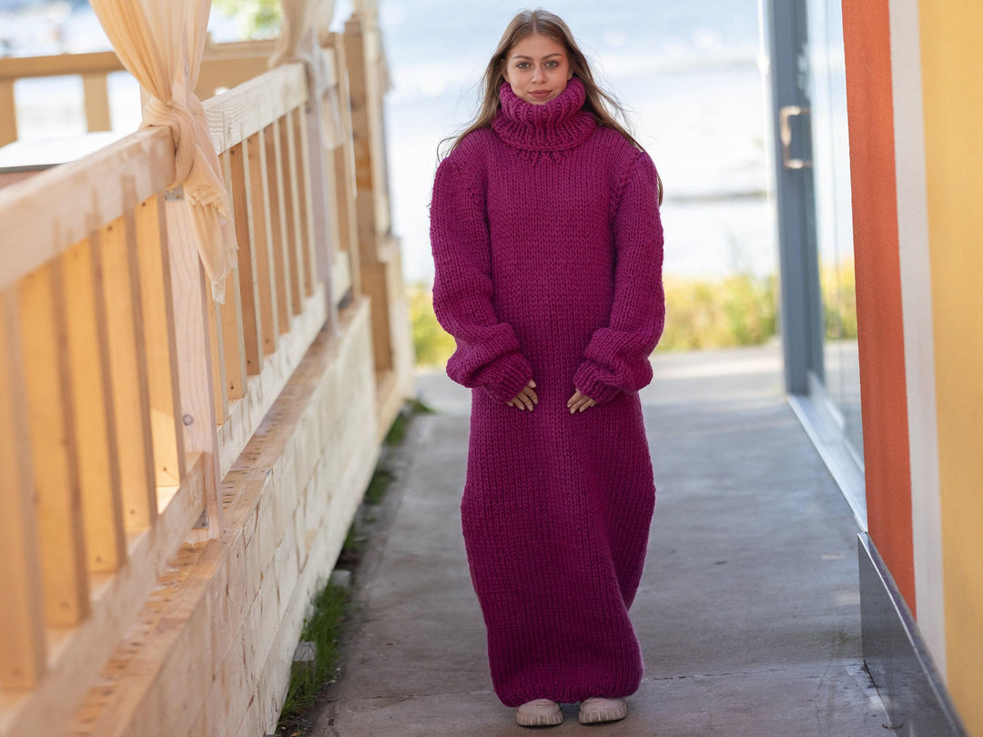 Pink Wool Knit Maxi Dress, Turtleneck Sweater Dress T1264