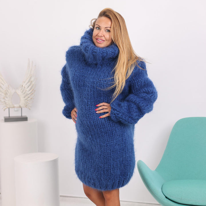 12 Strands Mohair Sweater Dress, Hand Knitted Extra Bulky Fuzzy Mohair Jumper T1717