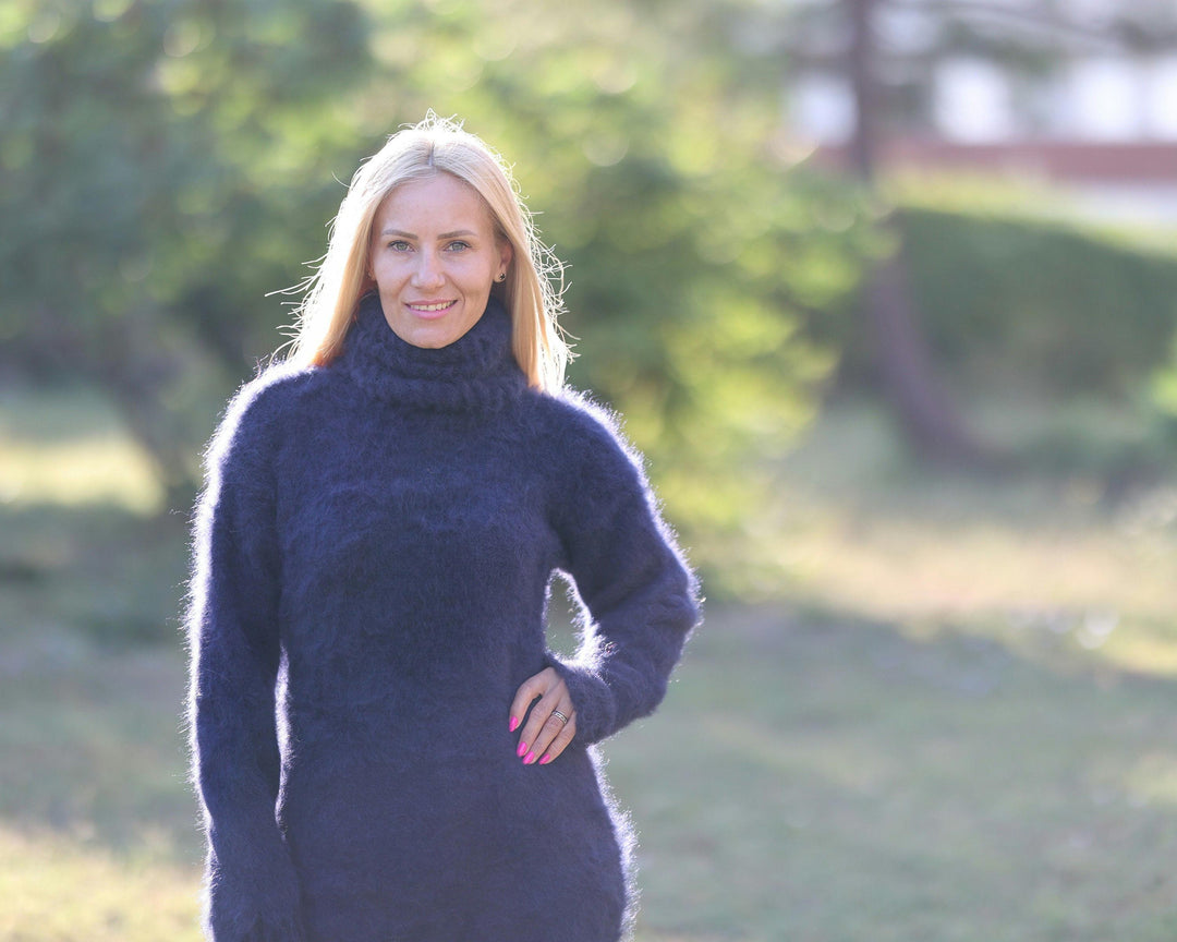Hairy Suri Alpaca Dress, Hand Knitted Blue Maxi Turtleneck Sweater Dress T1471
