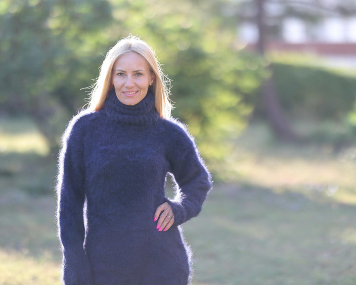 Hairy Suri Alpaca Dress, Hand Knitted Blue Maxi Turtleneck Sweater Dress T1471