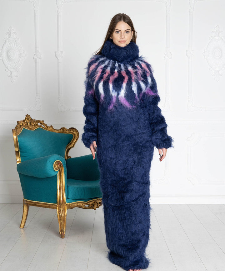 Blue Icelandic Mohair Dress, Hand Knitted Chunky Lopi Turtleneck Sweater Dress T652
