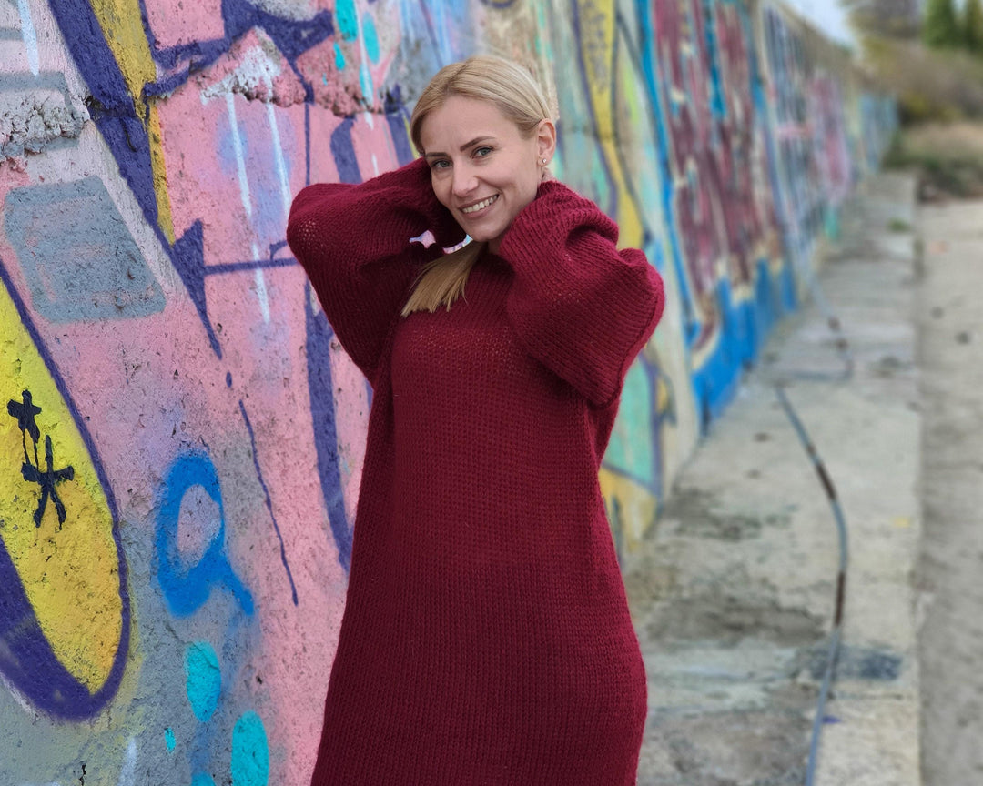 Red Mohair Sweater Dress, Hand Knitted Hairy Maxi Dress with Big Stitches T913