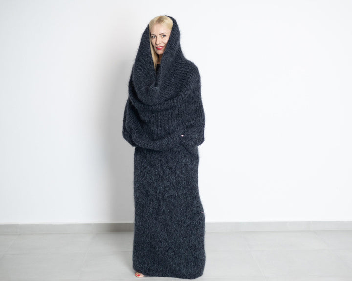 Long Mohair Poncho Dress, Hand Knitted  Extra Long Turtleneck Scarf T1511