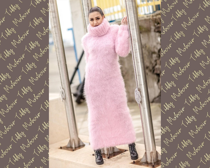 Hand Knit Pink Mohair Maxi Dress, Turtleneck Sweater Dress T418