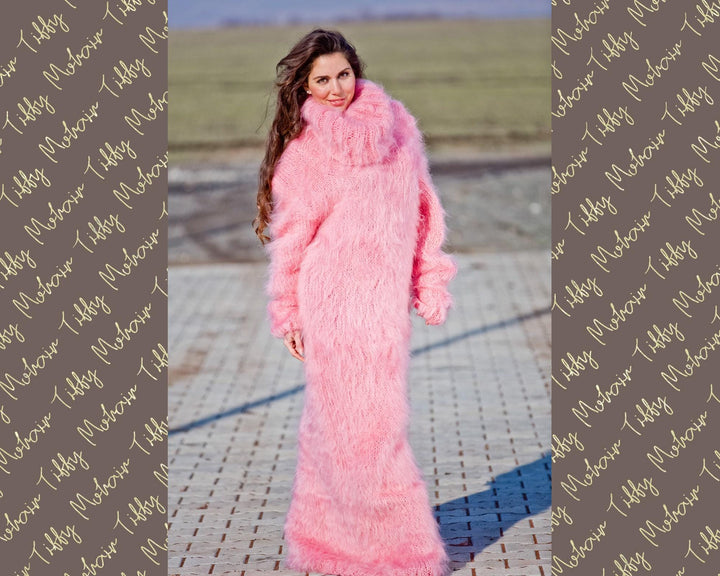 Hand Knitted Pink Mohair Turtleneck Maxi Dress T270