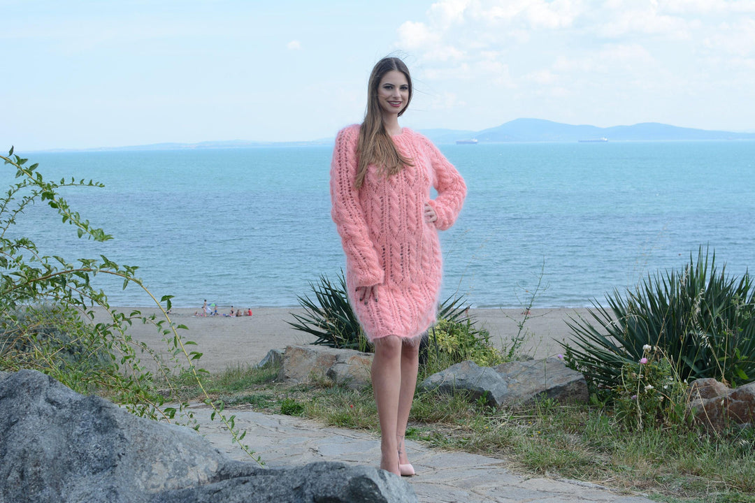 Coral Mohair Sweater Dress, Hand Knitted Cable Knit Fuzzy Lace Dress T797