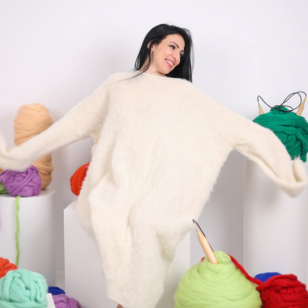 Extra Wide Cream Alpaca Dress, Hand Knitted Fluffy Fuzzy Sweater Maxi Dress T1610