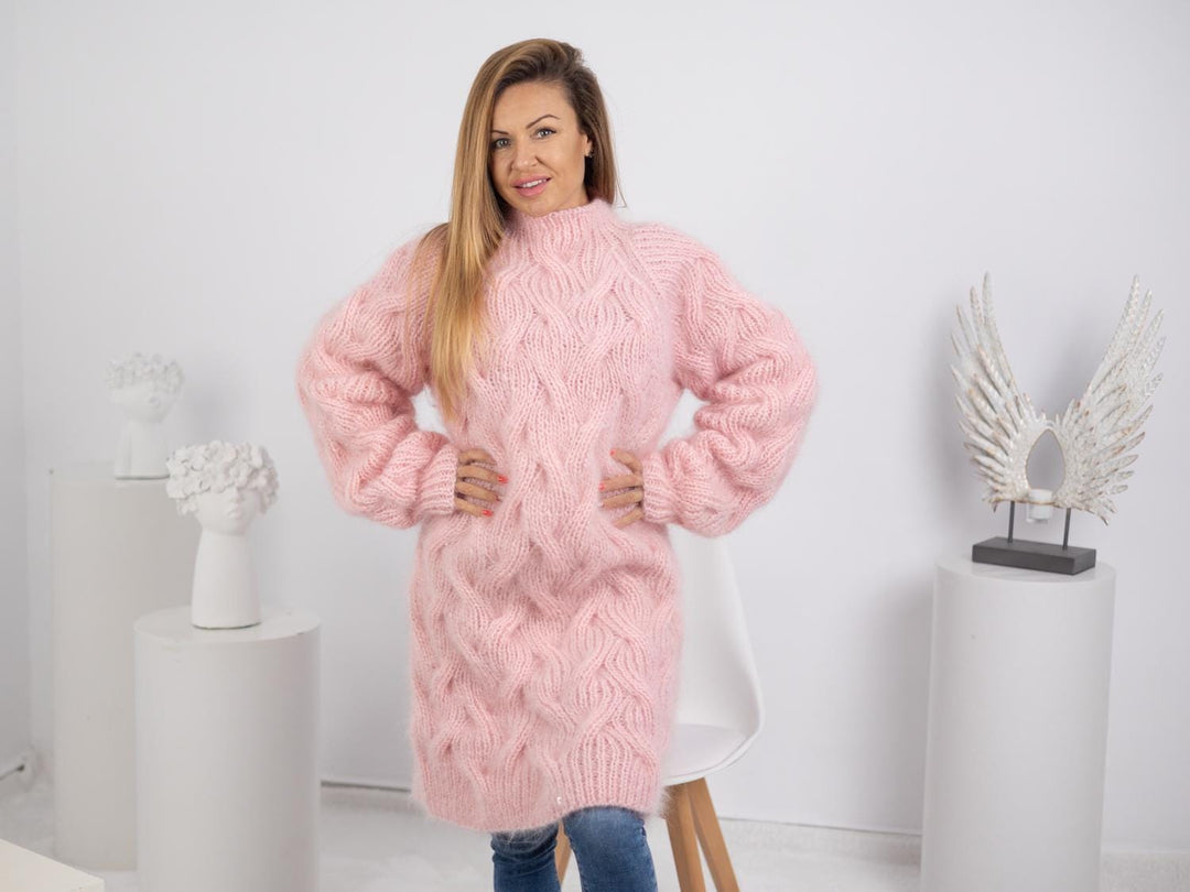 Pink Mohair Sweater Dress, Hand Knitted Chunky Fluffy Slouchy Jumper T – Tiffy Mohair