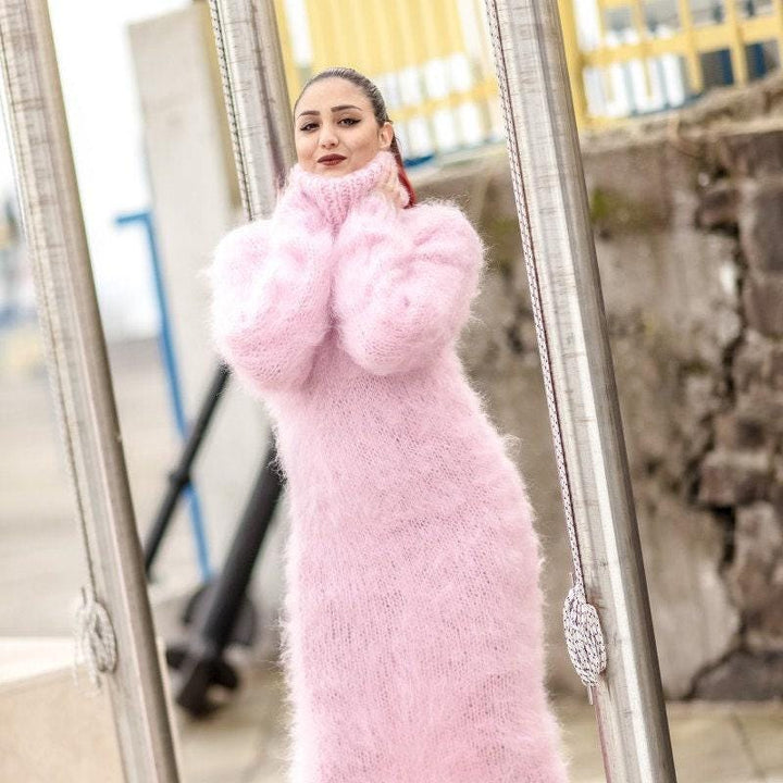 Hand Knit Pink Mohair Maxi Dress, Turtleneck Sweater Dress T418