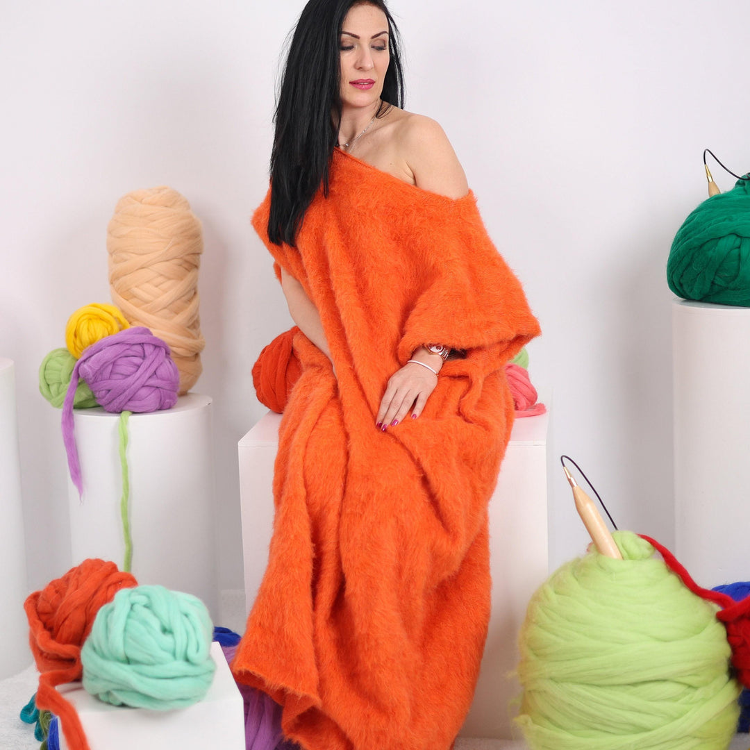 Extra Wide Orange Alpaca Dress, Hand Knitted Fluffy Sleeveless Fuzzy Maxi Dress T1611