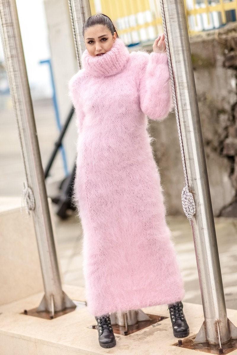 Hand Knit Pink Mohair Maxi Dress, Turtleneck Sweater Dress T418